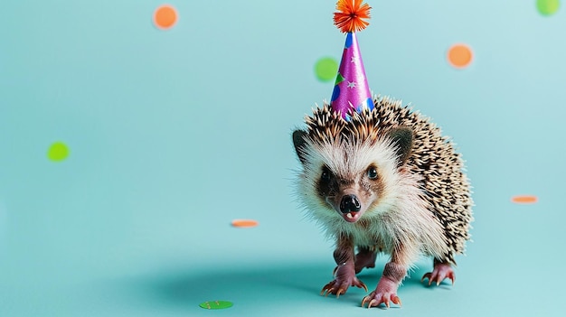 Happy Cute Hedgehog Wearing Party Hat at Birthday