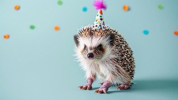 Happy Cute Hedgehog Wearing Party Hat at Birthday