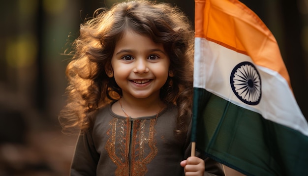 Happy cute indian little girl holding indian flag in one hand