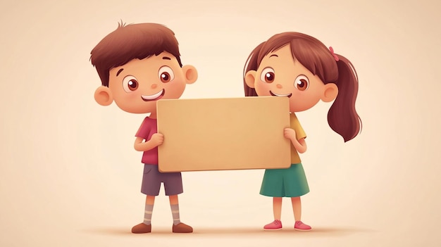 Happy Cute Kid Boy and Girl Carrying Message Board