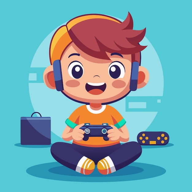 Photo happy cute kid playing video game alone