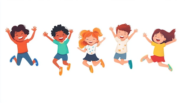 Happy Cute Kids Boys and Girls Jumping Together Isolated