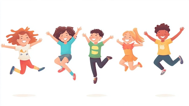 Happy Cute Kids Boys and Girls Jumping Together Isolated