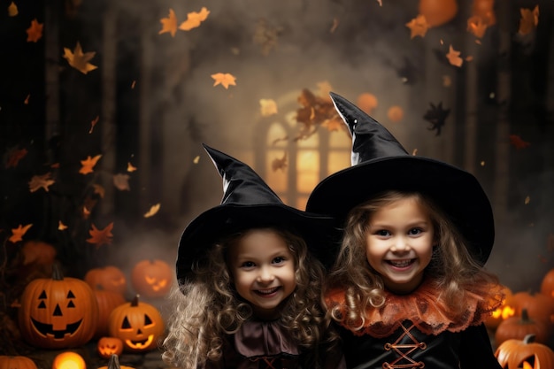 Happy cute kids with halloween theme festival feel fun at night party