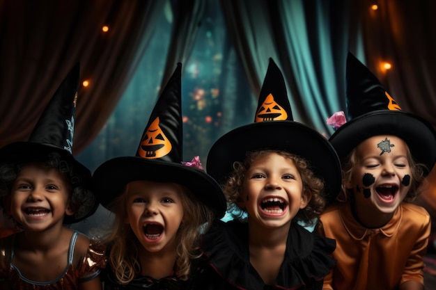 Happy cute kids with halloween theme festival feel fun at night party