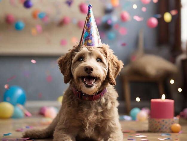 Happy cute labradoodle dog wearing a party hat celebrating at a birthday party surrounding by fall