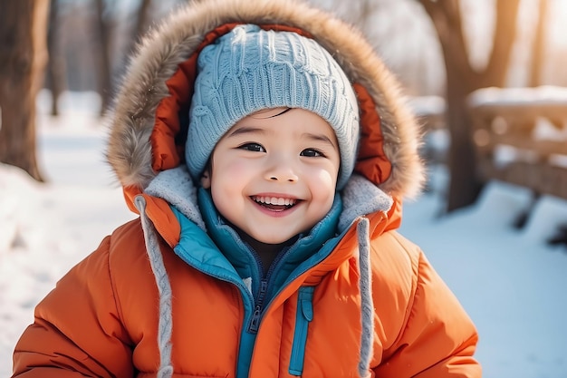 Photo happy cute little kid play and wear jacket in winter season child smile wearing warm clothes