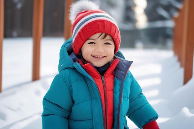 Photo happy cute little kid play and wear jacket in winter season child smile wearing warm clothes