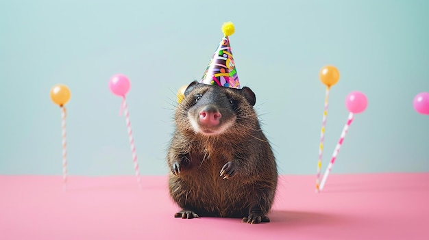 Happy Cute Mongoose Wearing Party Hat at Birthday