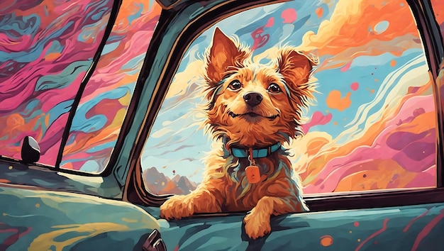 Happy Cute Pet dog Cartoon with head out of the car window as fun pop art illustration Generated AI