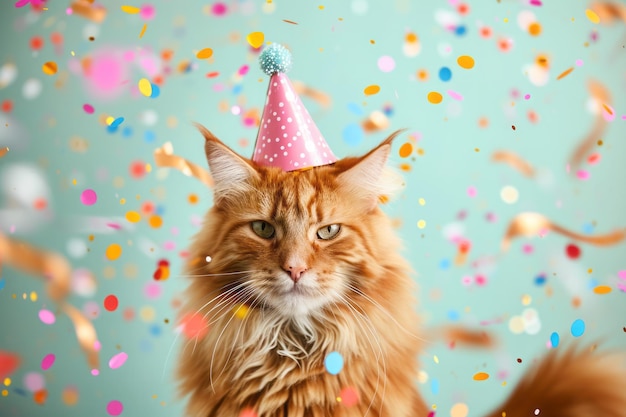 Happy cute red American Longhair Maine Coon cat in party hat celebrating birthday surrounded by falling confetti bright background