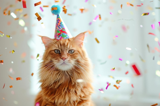 Happy cute red American Longhair Maine Coon cat in party hat celebrating birthday surrounded by falling confetti bright background