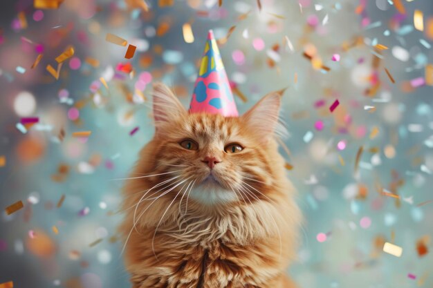 Happy cute red American Longhair Maine Coon cat in party hat celebrating birthday surrounded by falling confetti bright background