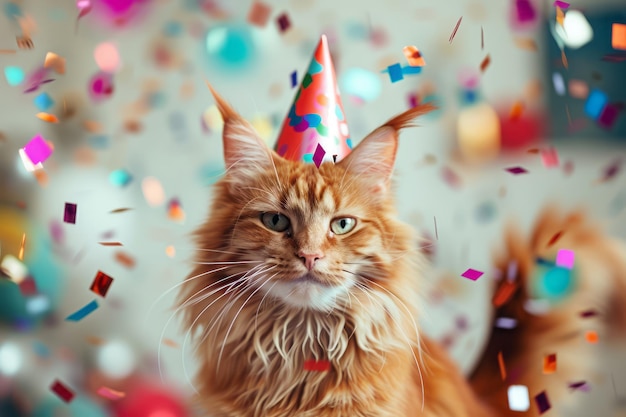 Happy cute red American Longhair Maine Coon cat in party hat celebrating birthday surrounded by falling confetti bright background