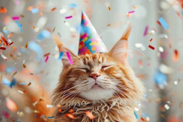 Happy cute red American Longhair Maine Coon cat in party hat celebrating birthday surrounded by falling confetti bright background