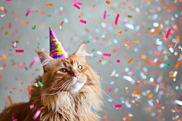 Happy cute red American Longhair Maine Coon cat in party hat celebrating birthday surrounded by falling confetti bright background