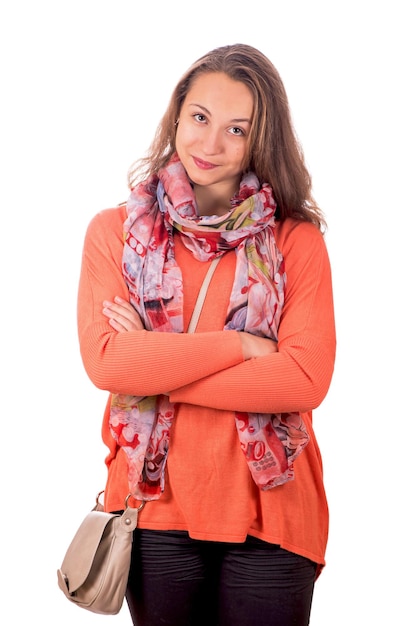 Happy cute redhead woman with curly hair smiling sincere and carefree standing white background wear orange sweater look camera normal casual attitude customer support answer questions politely