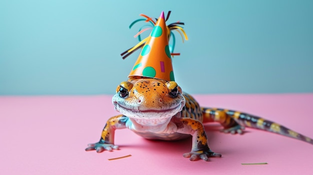 Photo happy cute salamander wearing party hat at birthday