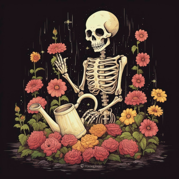 A Happy Cute Skeleton Watering Beautiful Flowers