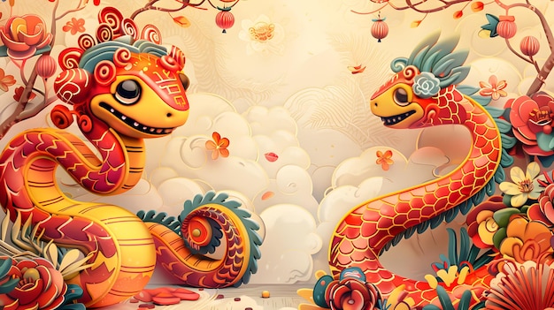 happy cute snake Chinese new year 2025 wallpaper greeting card