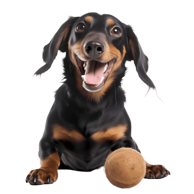 A happy dachshund dog runs after a ball isolated on background Generative AI