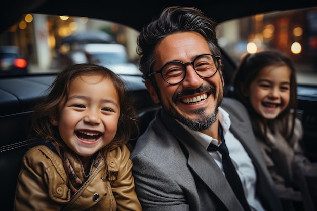 Happy dad and laughing children girls by car during a family trip Emotionally portrait Inside view