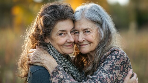 Photo happy daughter embracing senior mother at park