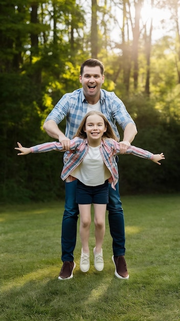 Happy daughter and father have supernatural power little girl makes flying gesture