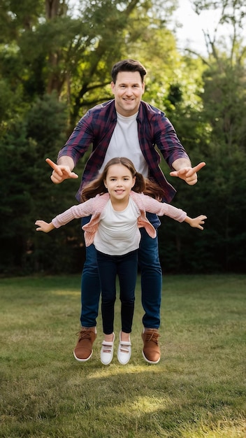 Happy daughter and father have supernatural power little girl makes flying gesture