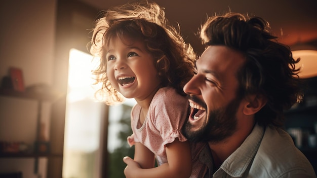 Happy daughter hugs her father from behind and laughs