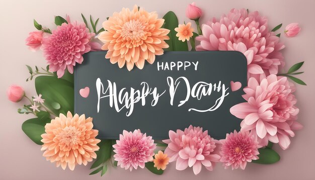 a happy day card with pink flowers and a black board that says happy day