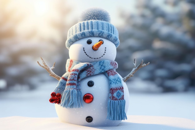 Happy decorated snowman in hat and scarf in winter snowy seasonal holiday AI generated illustration