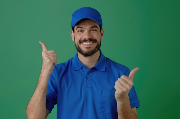 Happy delivery guy in uniform showing okay gesture on green background