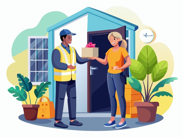 Photo happy delivery man handing a package to woman at her doorstep