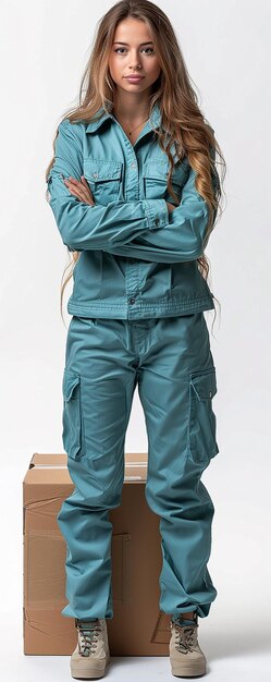 Photo happy delivery woman with box wearing light blue uniform