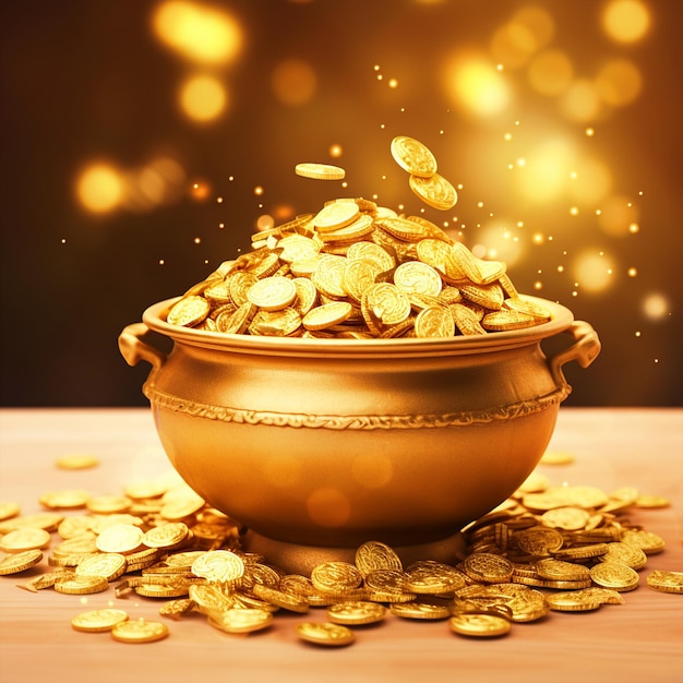 Happy Dhanteras background with golden pot filled with gold coins