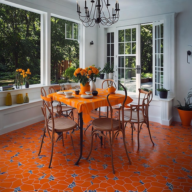 Happy dining room with orange tile floor ai generated