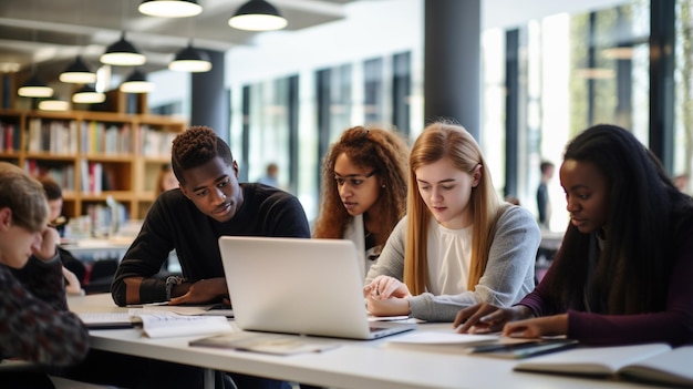 Happy diverse college students working together on study project in university classroom sitting on chairs