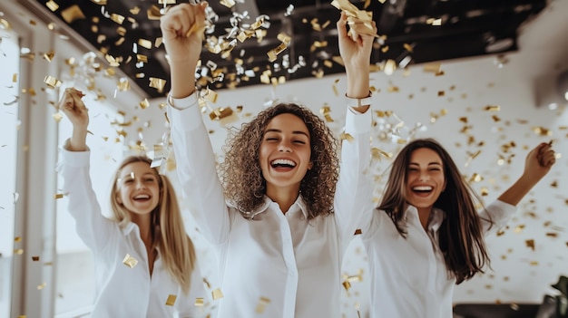 Photo happy diverse employees celebrating success with confetti in bright office