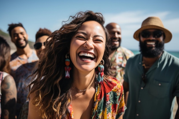 Happy diverse friends taking selfie on smartphone on the beach generative ai