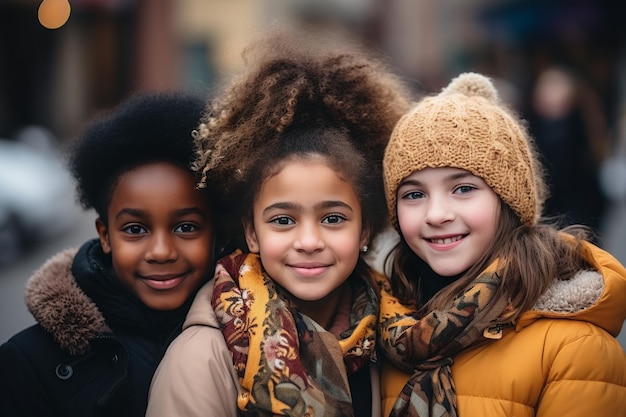 Happy diverse group of children playing and having fun outdoors at the schoolyard