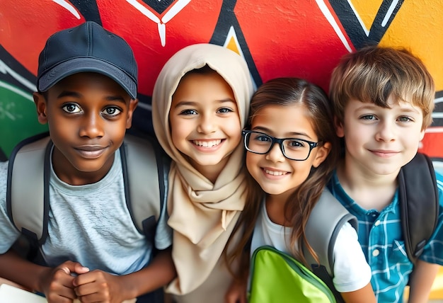 Photo happy diverse group of schoolchildren smiling together