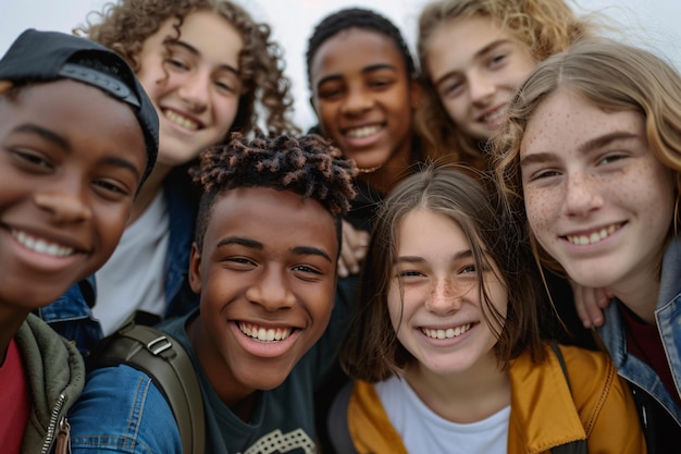 Happy diverse group of teenagers smiling for a selfie