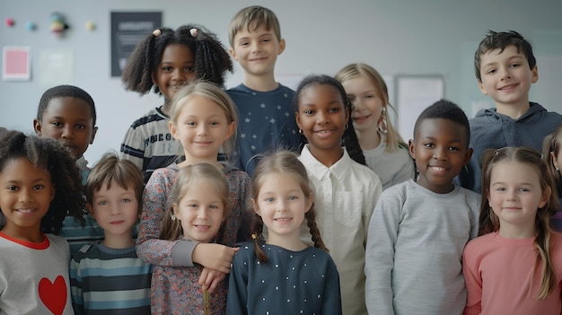 Happy diverse junior school students children group looking at camera standing in cl Generative AI