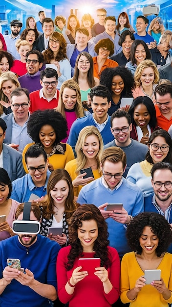 Happy diverse people using digital devices