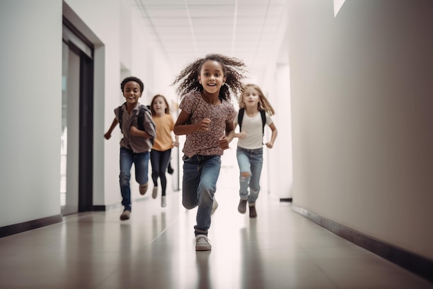 Happy diverse school kids running in corridor at school