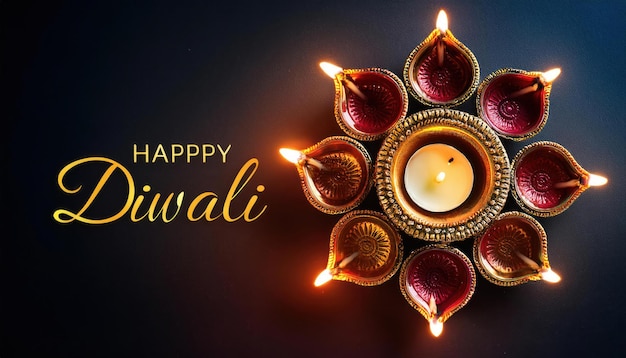 Photo happy diwali background with decorative diya lamps and festive greeting text