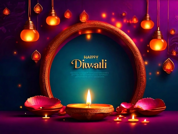 Photo happy diwali background with hyperrealistic lighting and lamp space for text in 8k