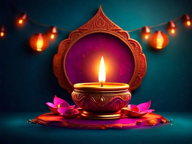 Photo happy diwali background with hyperrealistic lighting and lamp space for text in 8k