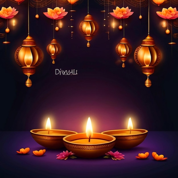 Photo happy diwali background with hyperrealistic lighting and lamp space for text in 8k